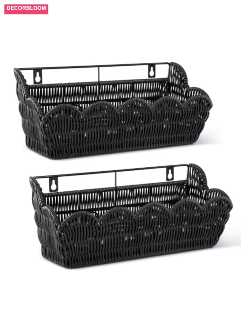 Adhesive Plastic Wicker Hanging Storage Basket Scalloped Edge 2 Pack